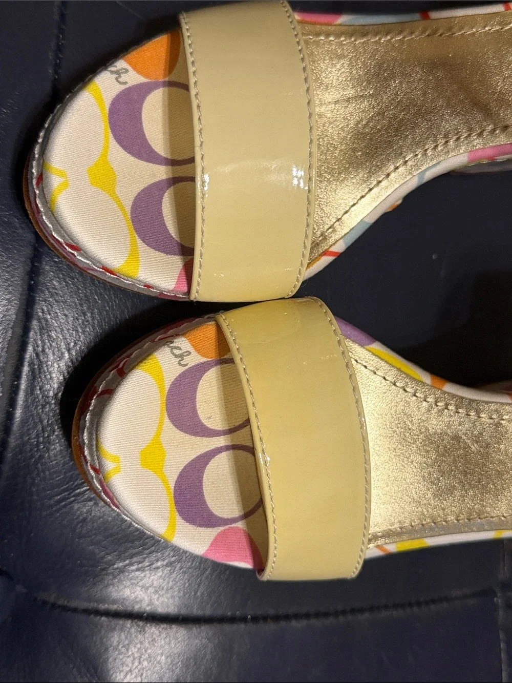 Coach Cream Patent Leather Slingback Sandals with Multicolor Insole